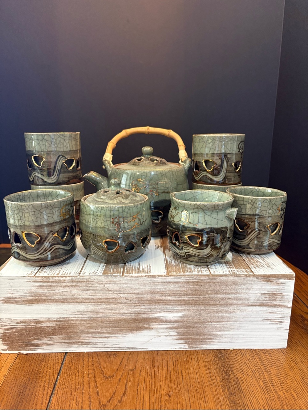 Handcrafted Celadon Crackle Glaze Tea Set with Bamboo Handle